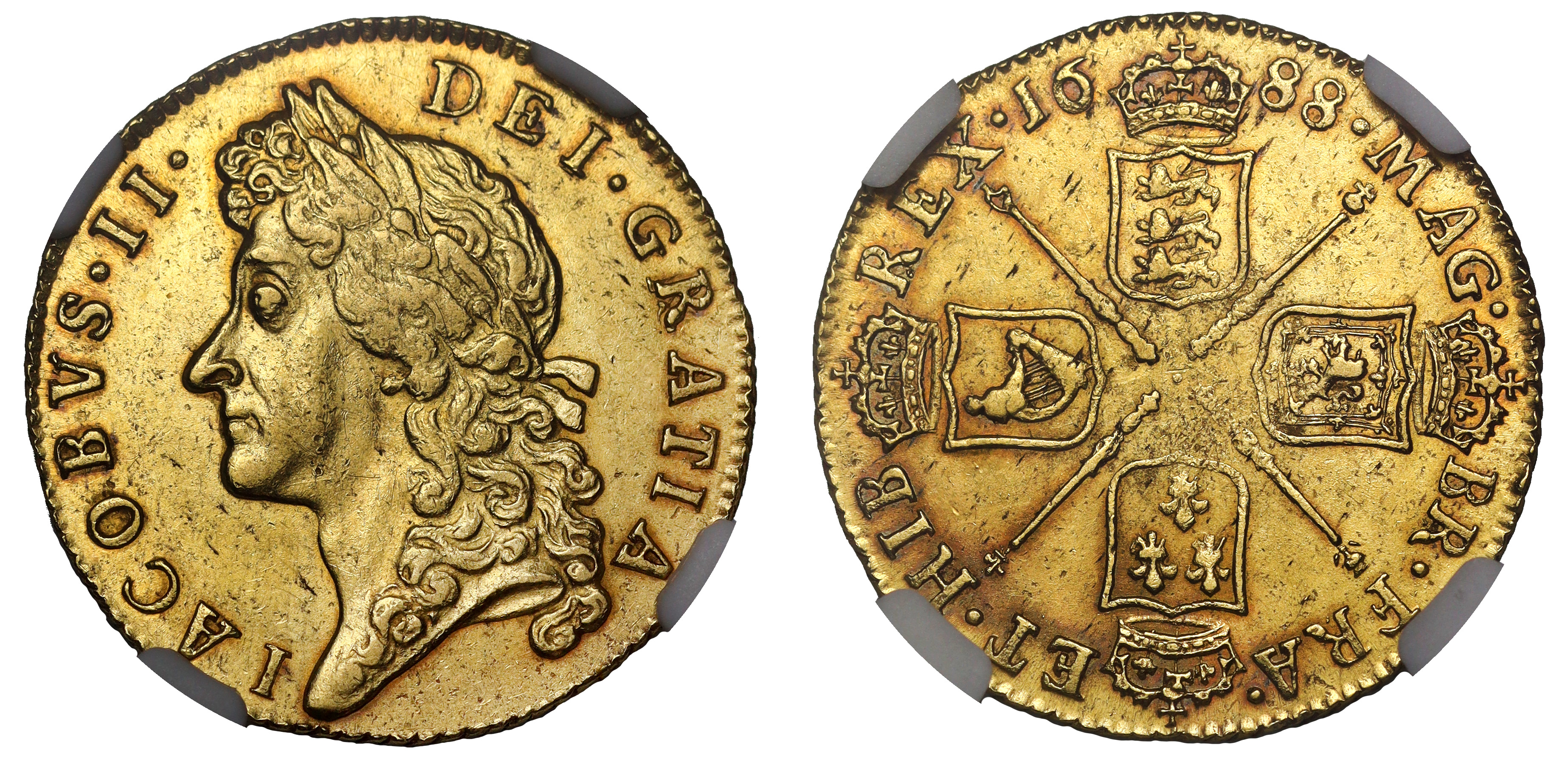 James II (1685-88), gold Guinea, 1688, second laureate head left, Latin legend and toothed border