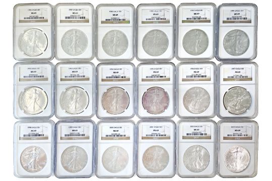 USA, silver Eagle Dollars (36), a full date run from 1986-2021 (KM.273). All graded by NGC as - Image 1 of 2