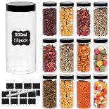 HYCKee 12 Pack Plastic Jars with Black Lids,500ml Plastic Food Storage Jars for Spice Dry Food Snac