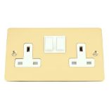 Socket 2 Gang - Polished Brass Flat - White Insert Plastic Switch - 13A Double Wall Plug Socket