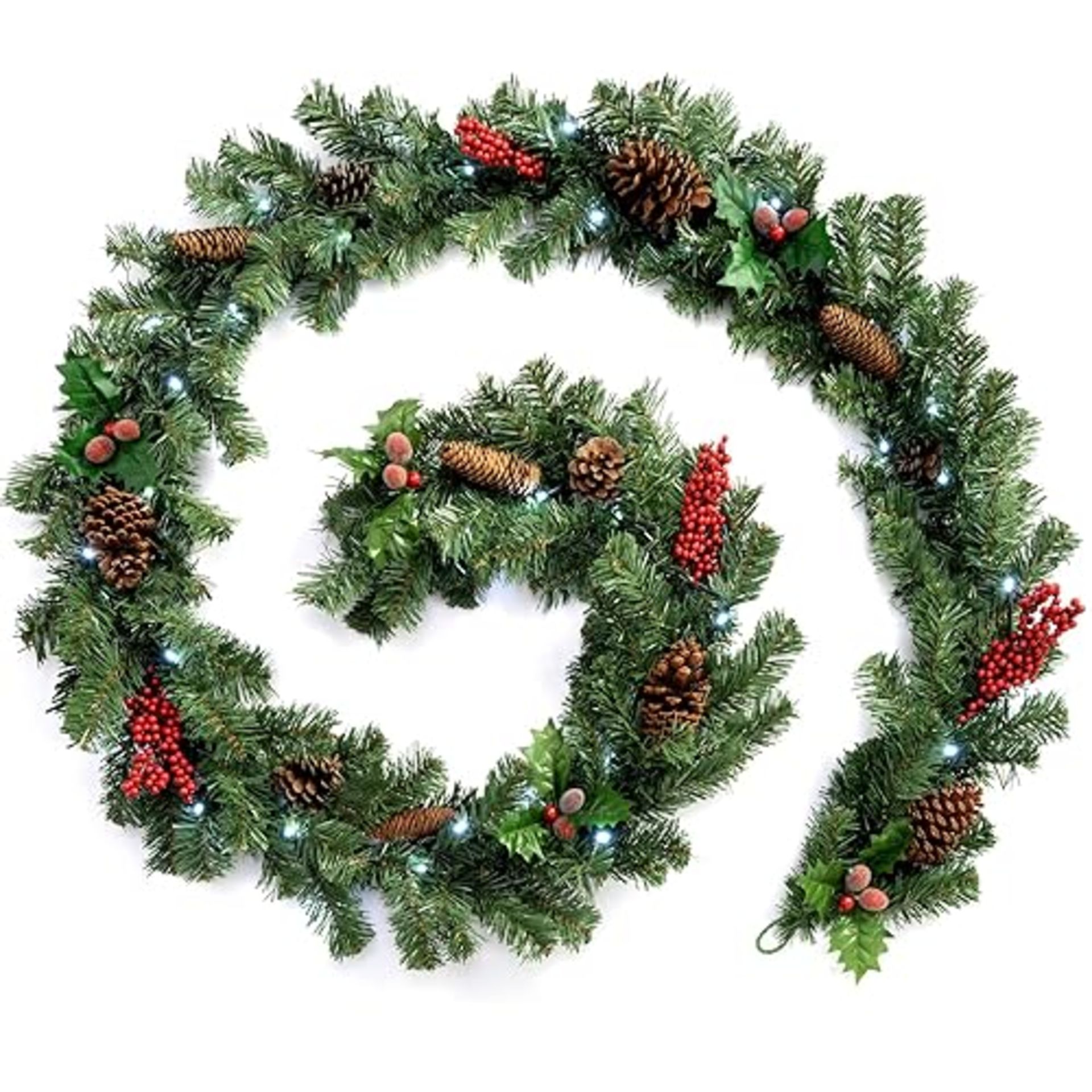 WeRChristmas Pre-Lit Natural Pine Cone and Berry Decorated Garland with 40 Cool White LED Lights, R