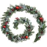 WeRChristmas Pre-Lit Frosted Decorated Garland Illuminated with 40 Cool White LED Lights, Red, 9 fe