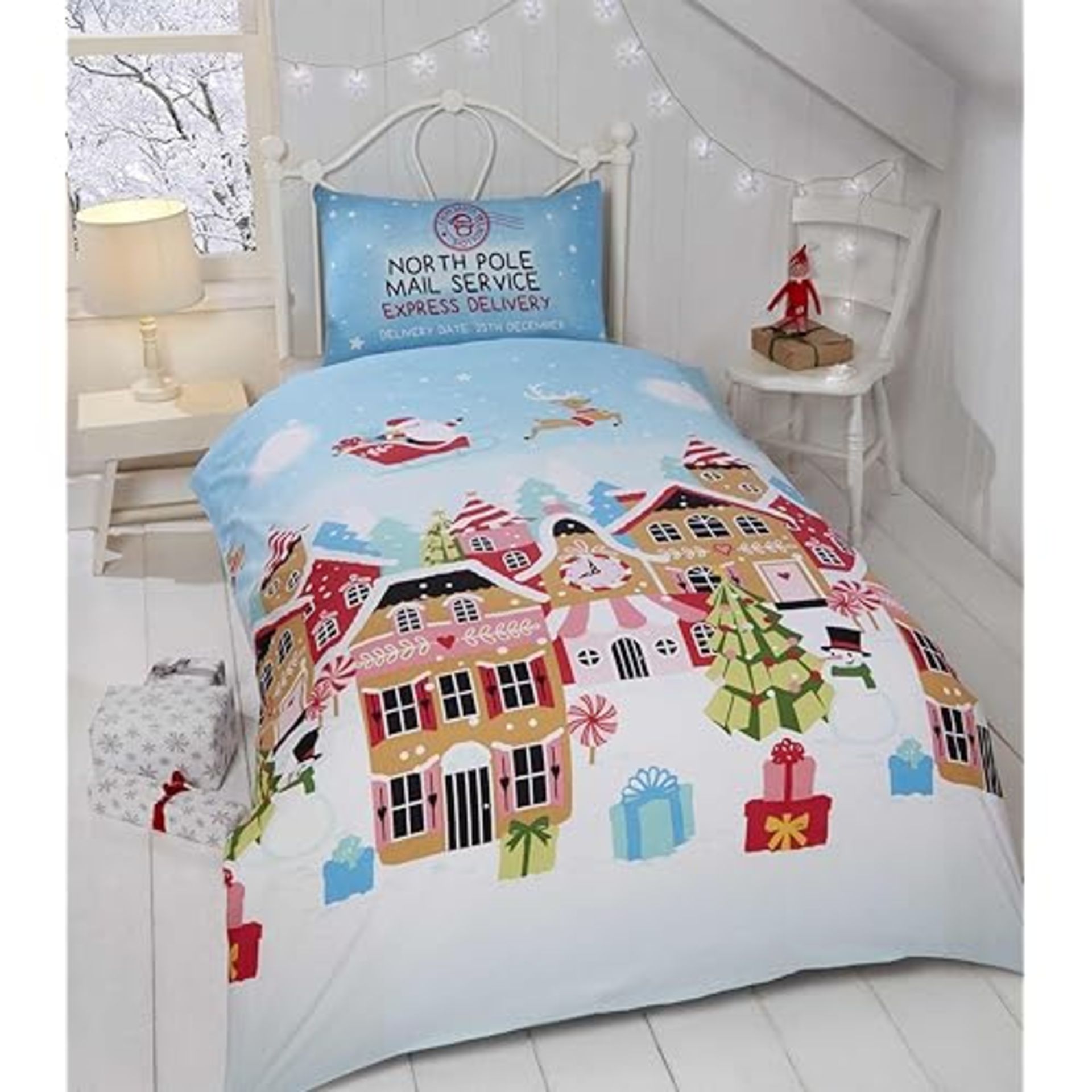 Rapport Gingerbread Town Single Duvet Cover Children's Christmas Bedding Set, 2 pieces, Festive, Bl