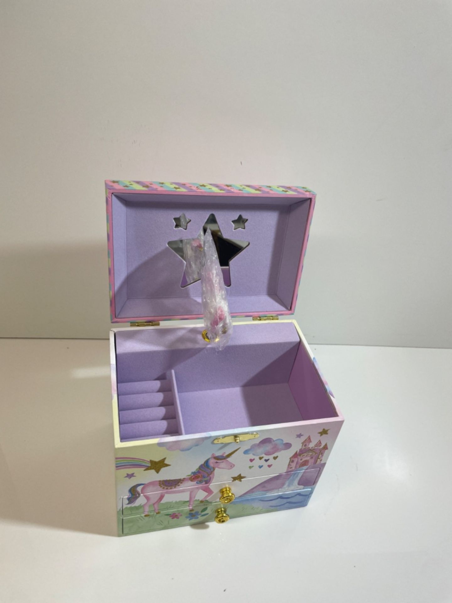 Jewelkeeper Unicorn Jewellery Box for Girls with 2 Pull-out Drawers, Glitter Rainbow and Stars Unic - Image 2 of 3