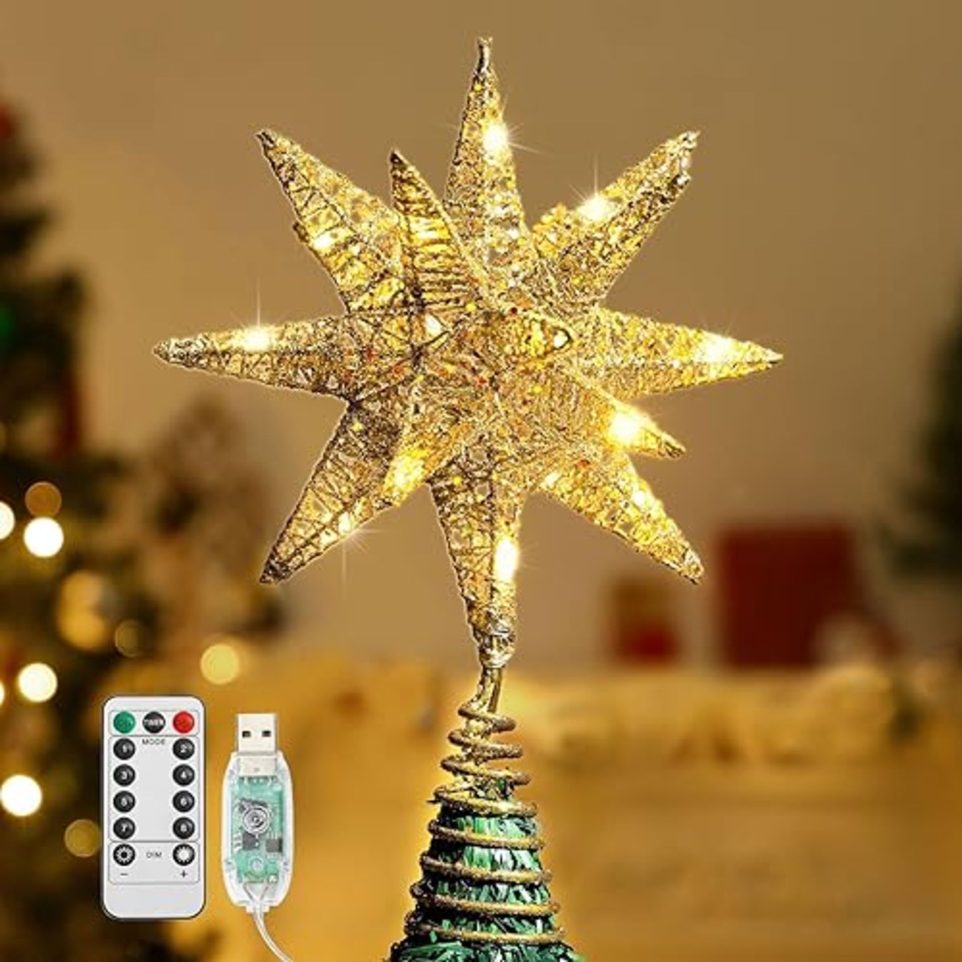 Lewondr Christmas Star Tree Topper, 3D Geometric Star USB Powered Remote Controlled Treetop Star wi
