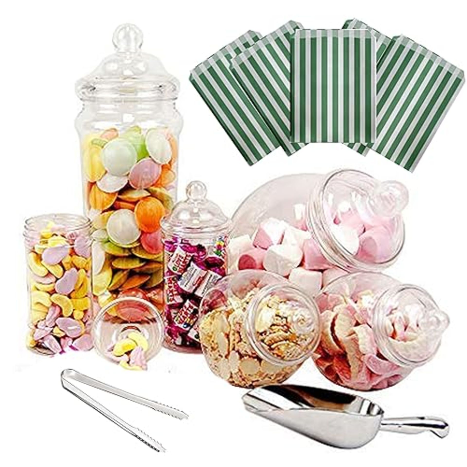 6 Jar Retro Pick & Mix Victorian Sweet Shop Candy Buffet Kit Party Pack with Scoop, Tongs & Bags - 