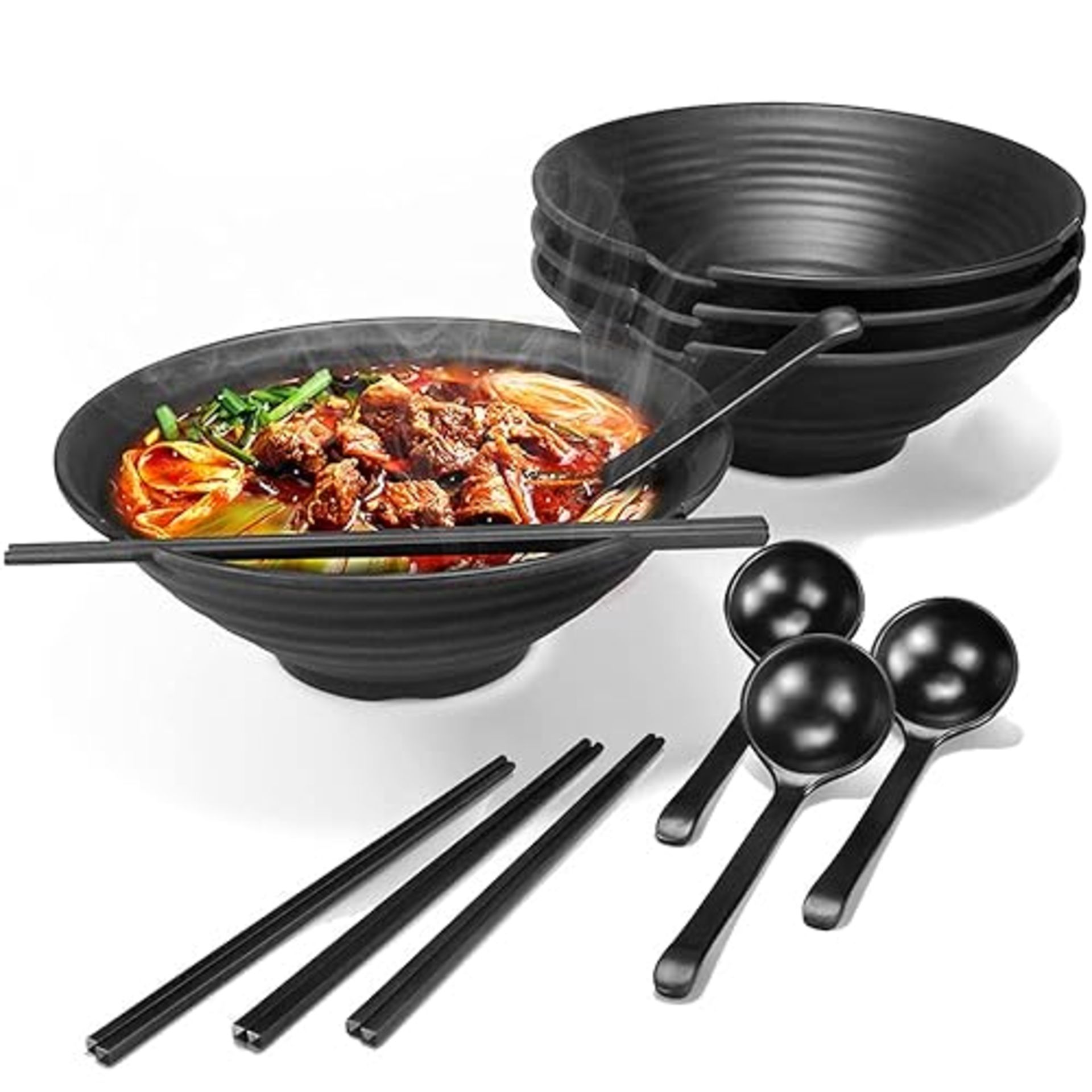 4 Set Large Noodle Ramen Bowl - Plastic Japanese Picnic Tableware for Pasta Dishes Salad Udon Soup 