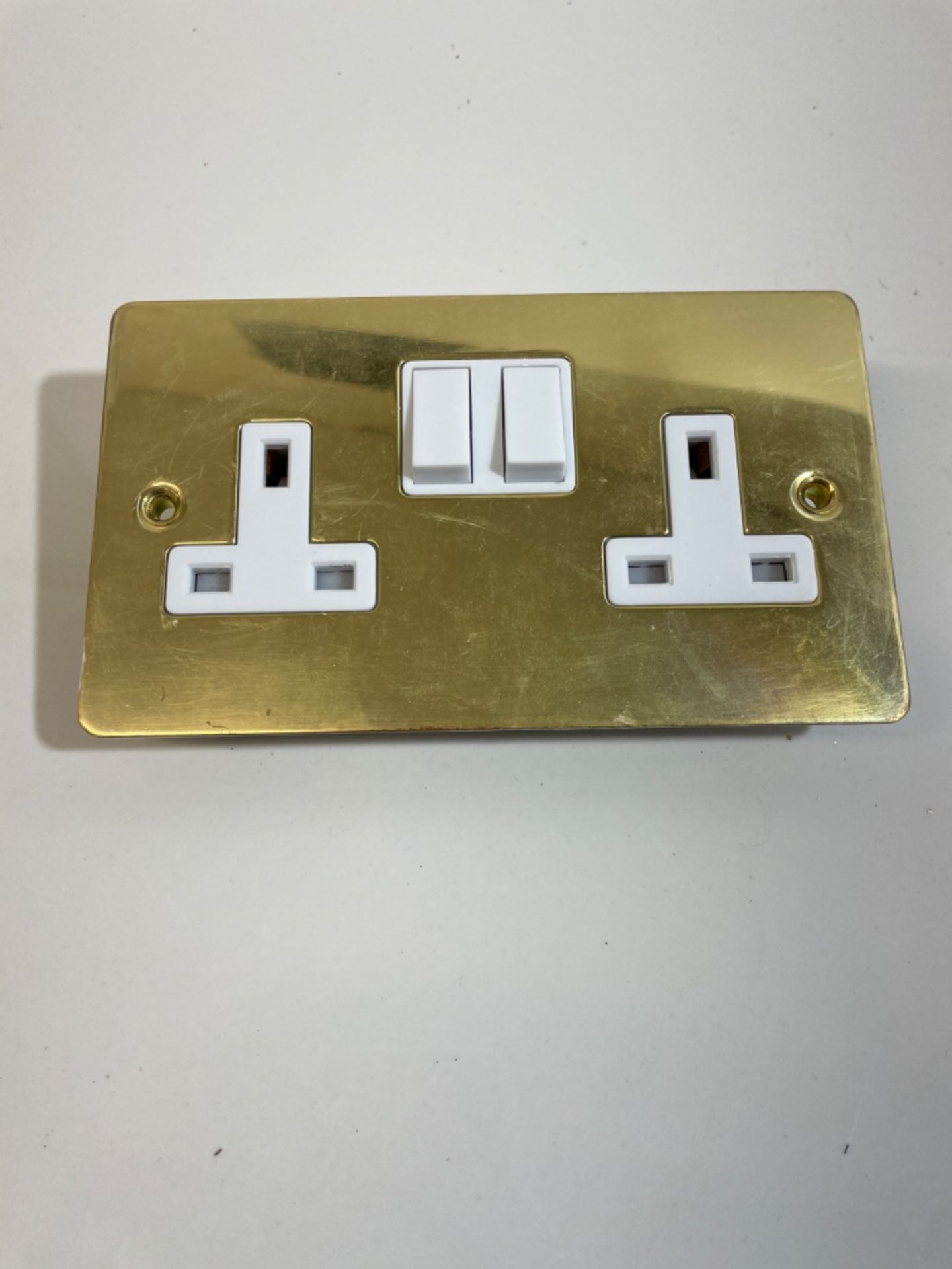 Socket 2 Gang - Polished Brass Flat - White Insert Plastic Switch - 13A Double Wall Plug Socket - Image 2 of 3
