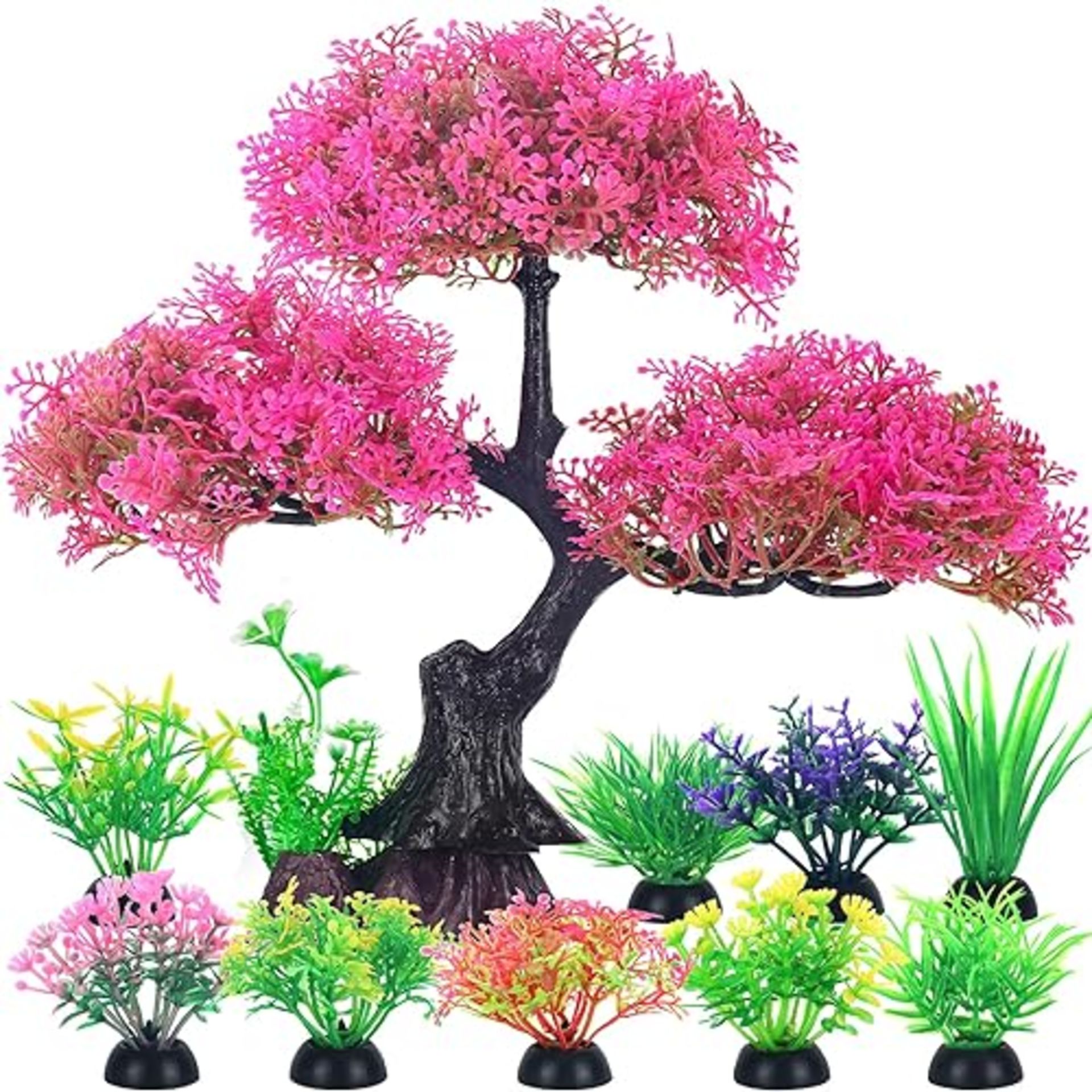 Borlech Aquarium Tree Plants Decorations, Fish Tank Plastic Plant Decor Set 10 Pieces (Pink)