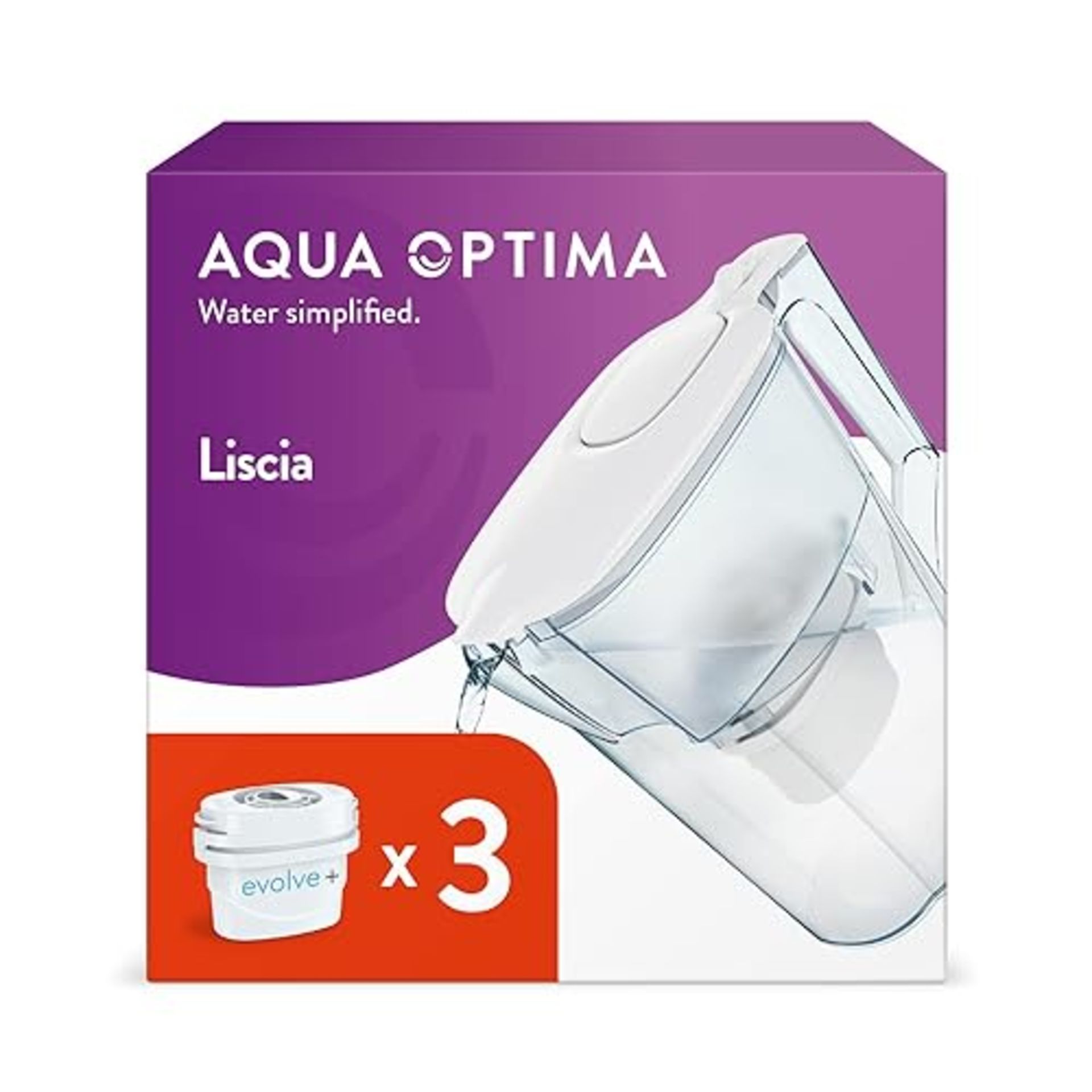 Aqua Optima Liscia Water Filter Jug & 3 x 30 Day Evolve+ Filter Cartridges, 2.5 Litre Capacity, for