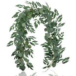 Falflor 2Pcs Greenery Garland 6.5Ft Artificial Eucalyptus Garland and 6.5Ft Willow Leaves Garland T