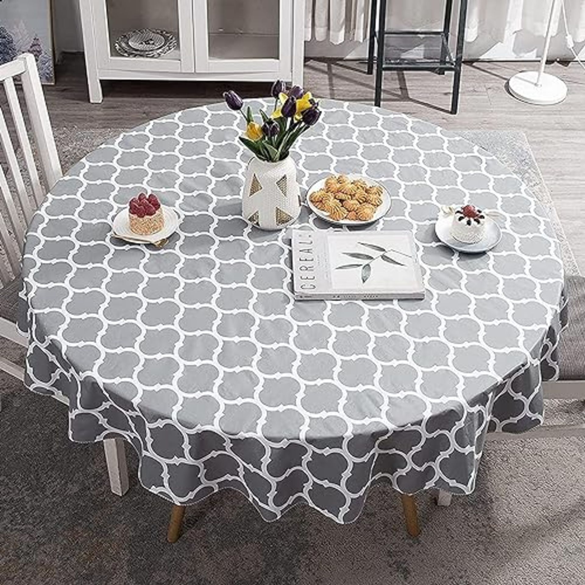 HINMAY Round Tablecloth 60 Inch, Grey Moroccan Style Vinyl Tablecloth with Non-Slip Flannel Backing