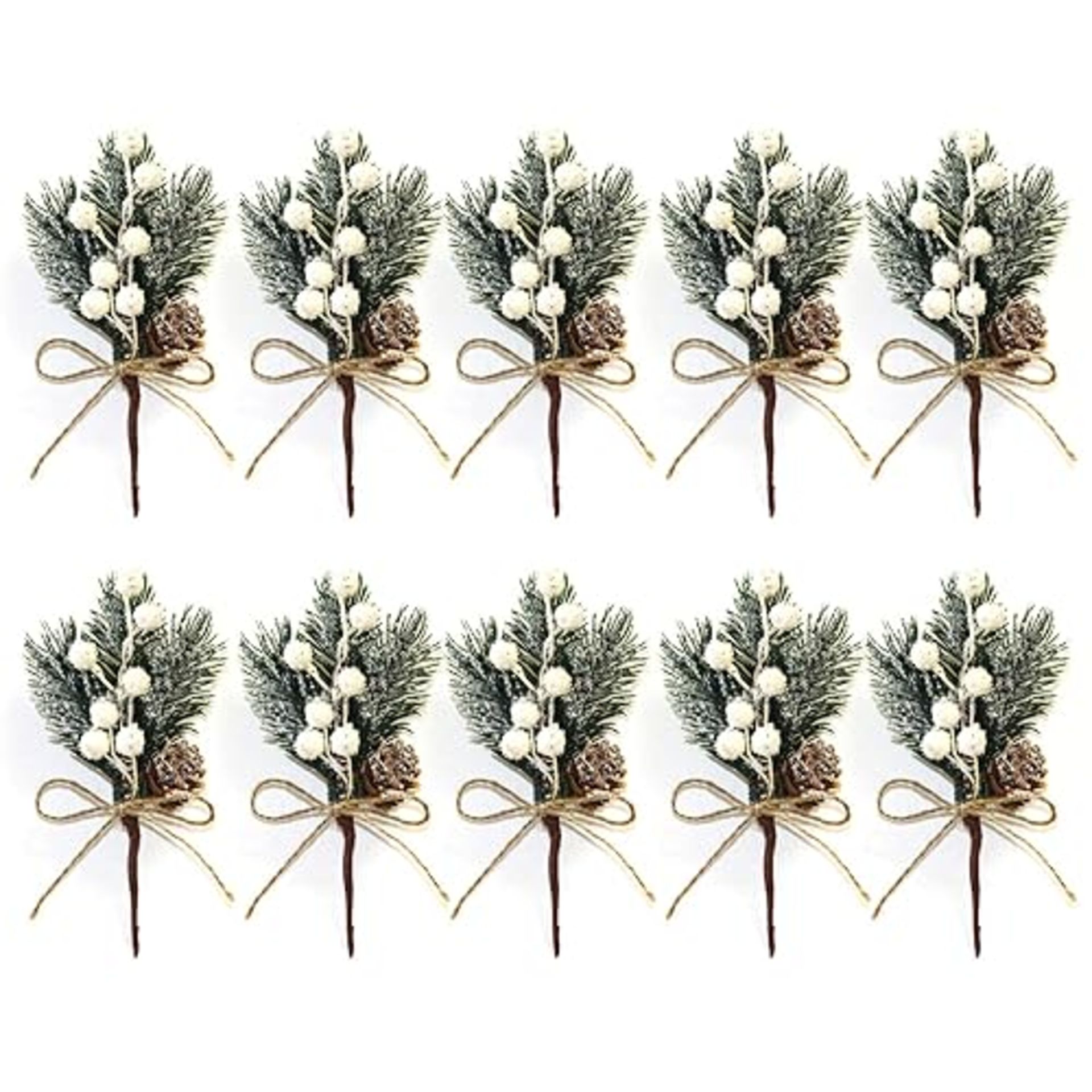 Redsa 10 Pack Pine Snowy Flower Picks Red and White Artificial Pine Cones with Berries Xmas Berry S