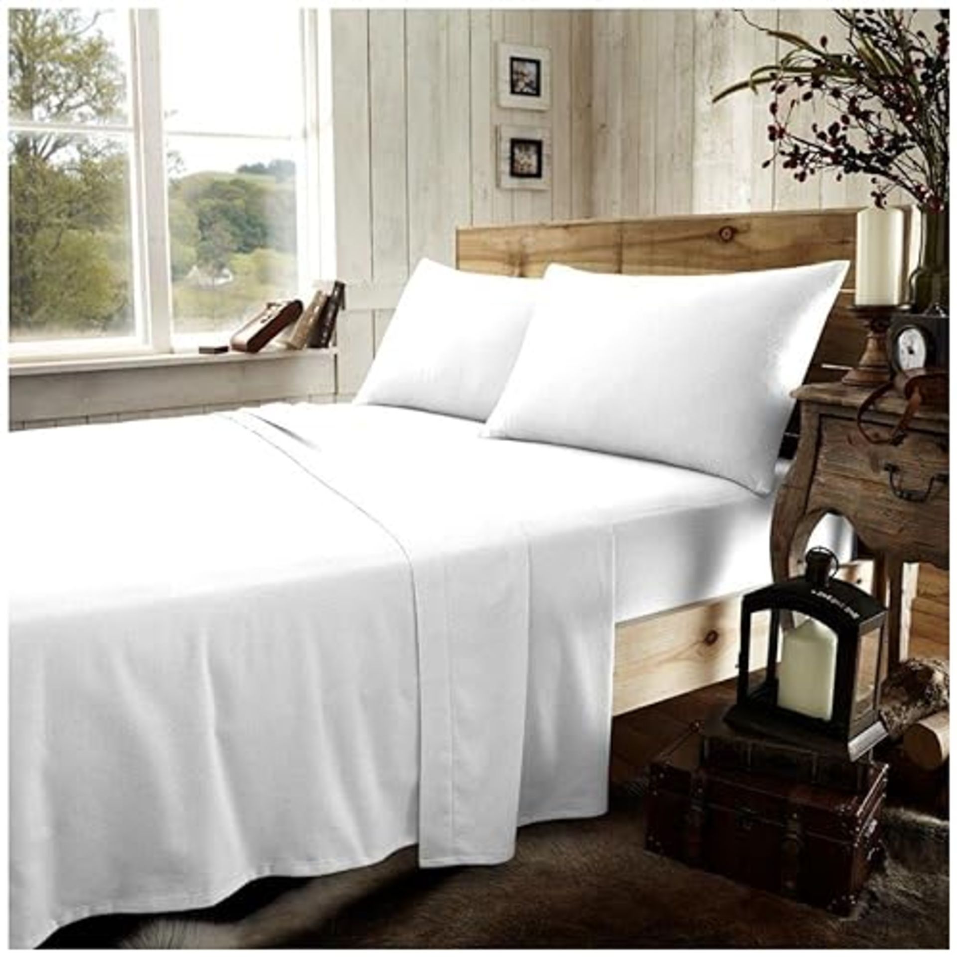 Easy Care Flannel Flat Bed Sheet King Size, Thermal & Warm Brushed Cotton Bedding Sheets, White