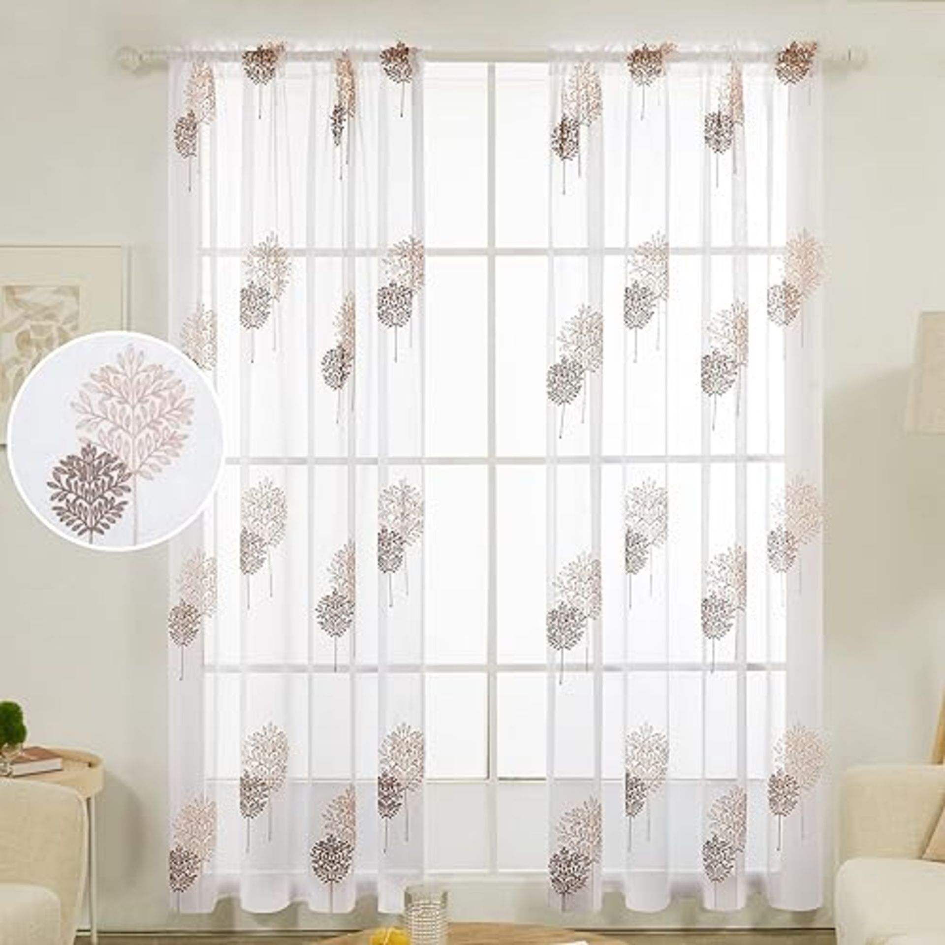 Deconovo Semi Transparent Sheer Curtains Faux Linen Rod Pocket Leaves Embroidery Net Curtains for W