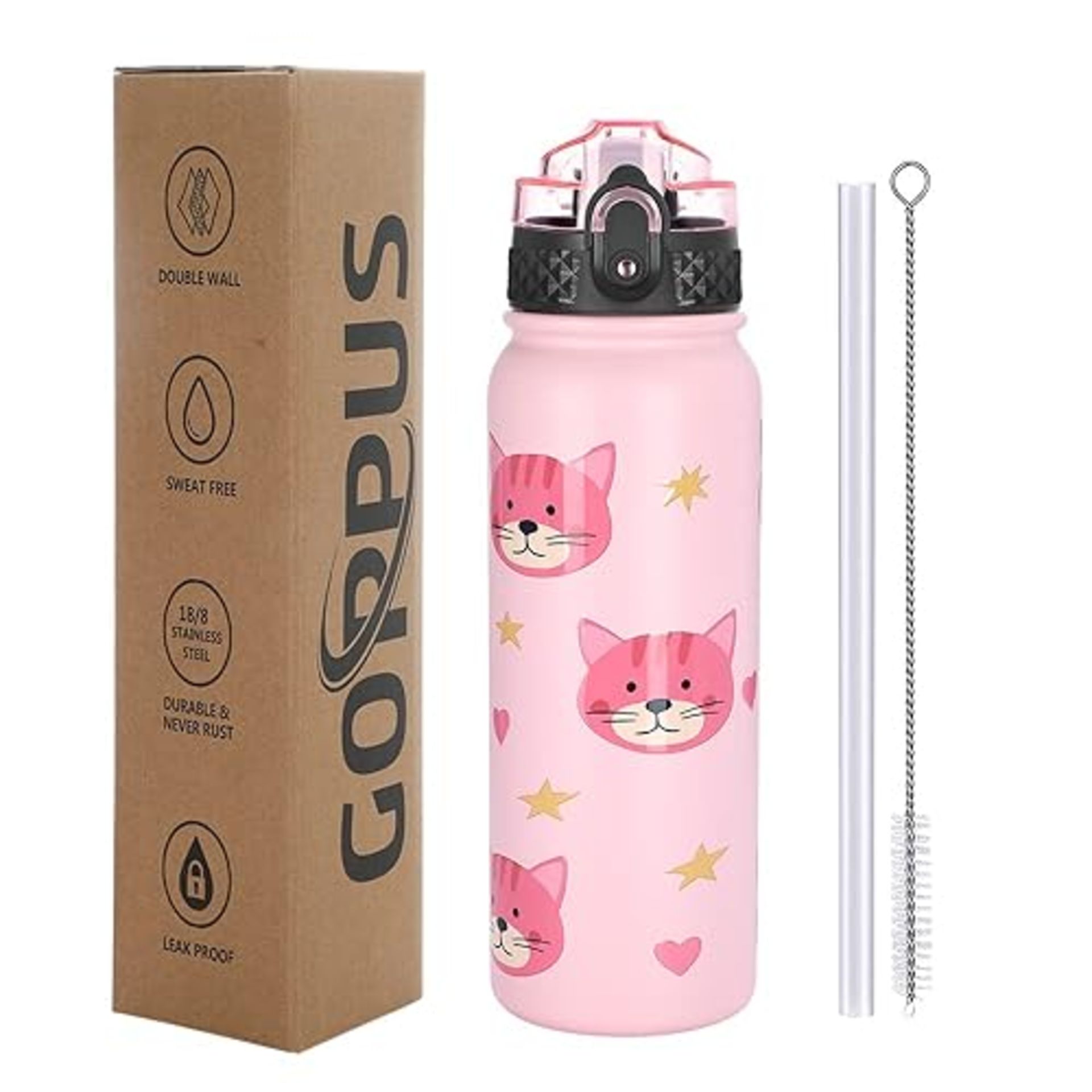 GOPPUS 600ml/20oz Stainless Steel Water Bottle with Straw Insulated Sports Bottle Cold Flask with S