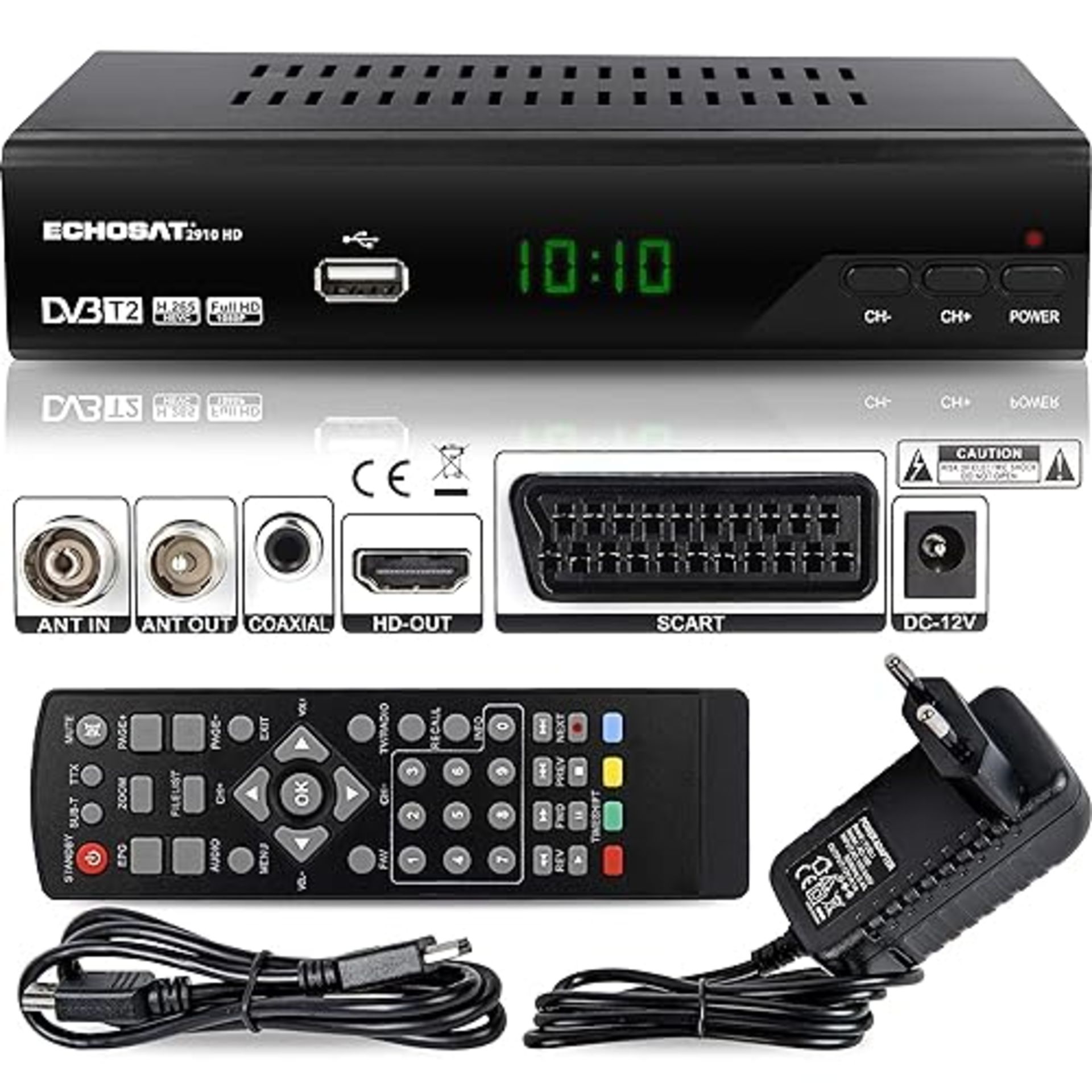 Echosat 2910 DVBT2 receiver full HD 1080P 4K for TV (HEVC/H.265 HDMI SCART, USB 2.0, DVBT-2, DVB-T2