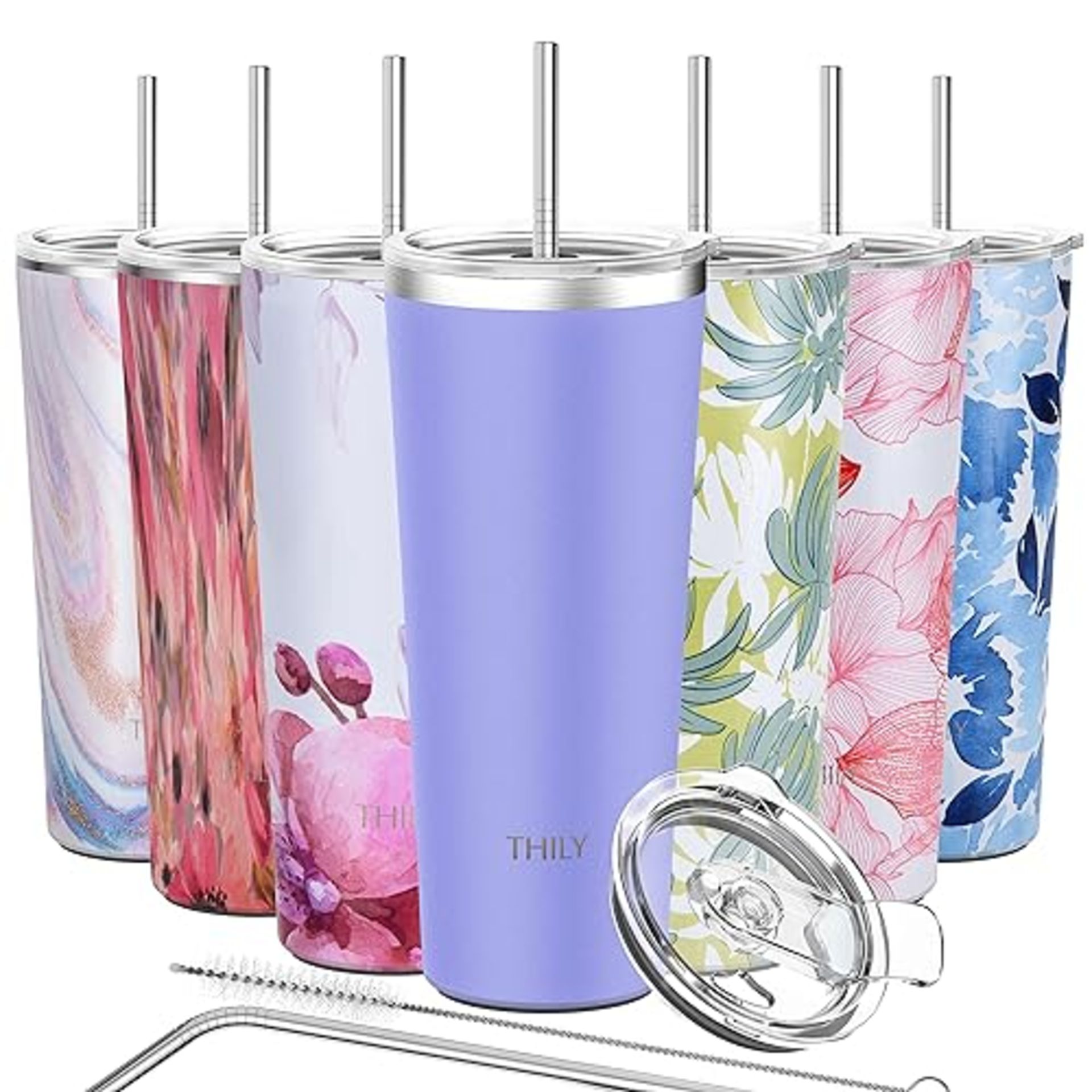 THILY Tumbler Stainless Steel Travel Mug 780 ml Triple-Insulated Coffee Cup with 2 Lids and Straws,