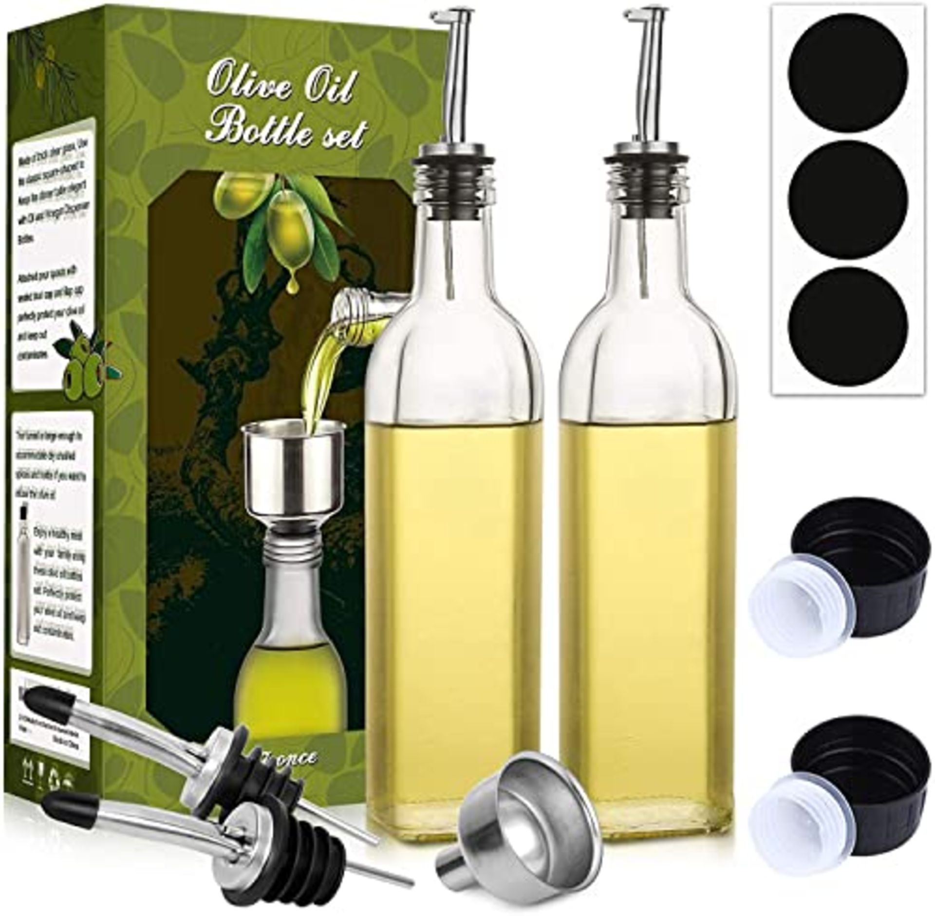 [2 Pack]Aozita 17 oz Glass Olive Oil Dispenser Bottle Set - 500ml Clear Oil & Vinegar Cruet Bottle 
