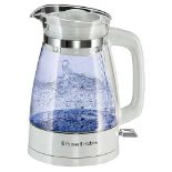 Russell Hobbs Carafe Style 1.7L Cordless Electric Glass Kettle with white handle, lid & base and bl