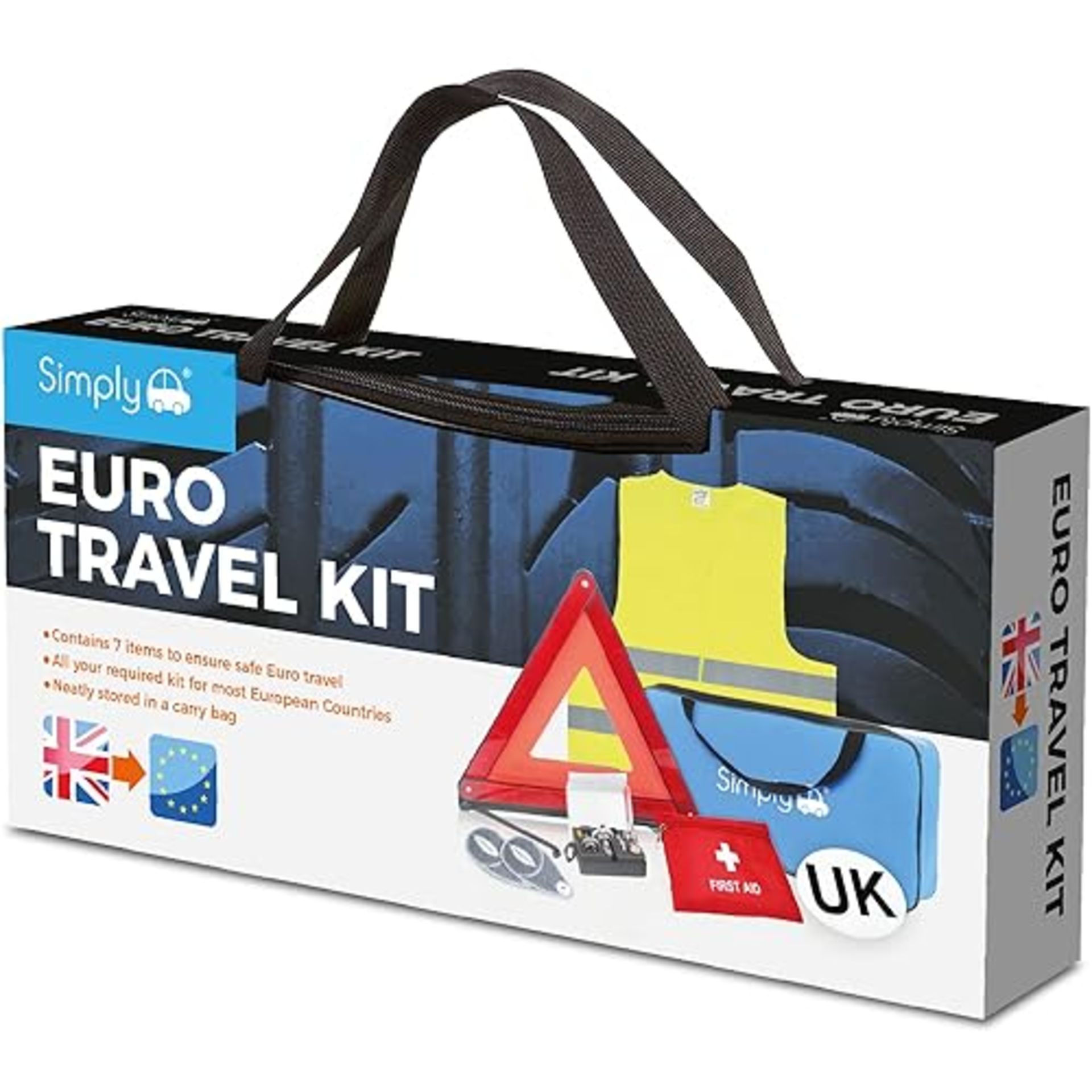 Simply ETK1 Europe Travel Kit. 7 Piece Set includes Warning Triangle, Reflective Vest, Headlight Be
