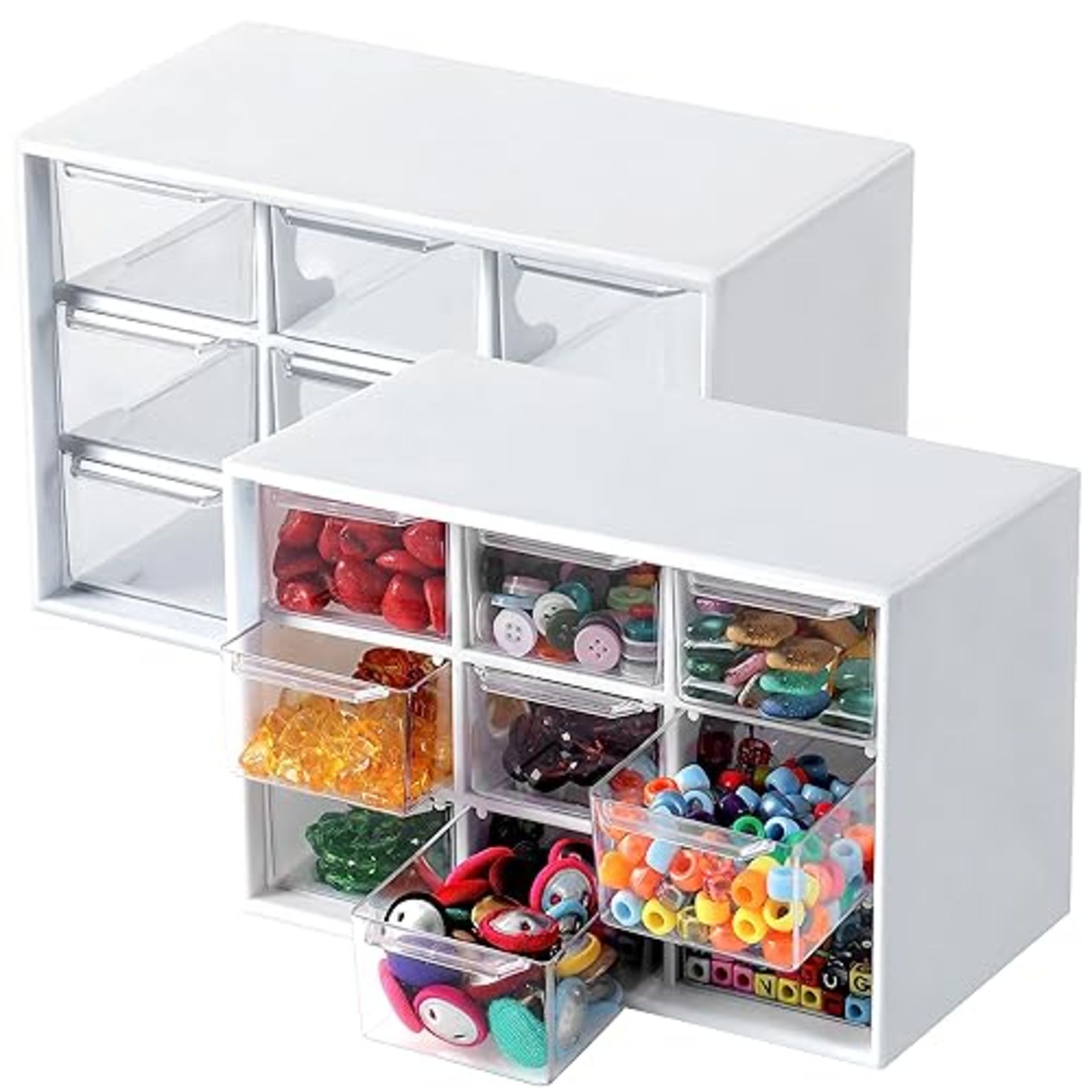 Winter Shore 9-Drawer Storage Containers [2 Pack] - Clear & White Desk Organiser - Removable Plasti