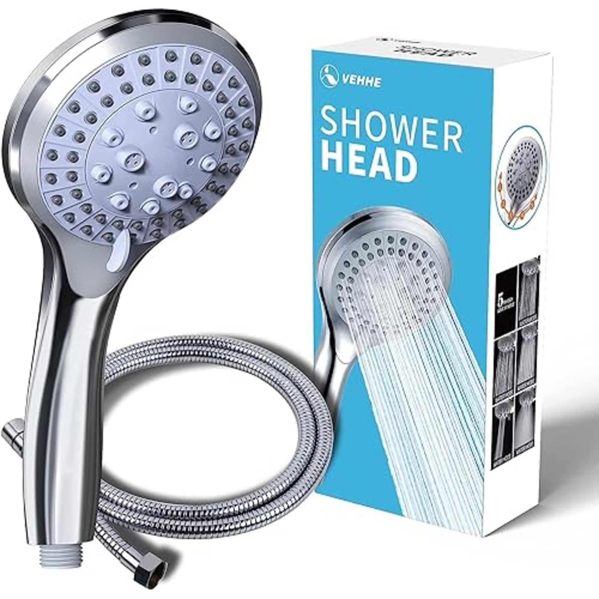 VEHHE Shower Head Powerful Flow with 1.5m Chrome Hose Pressure Boosting Shower Head Spray with 5 Mo
