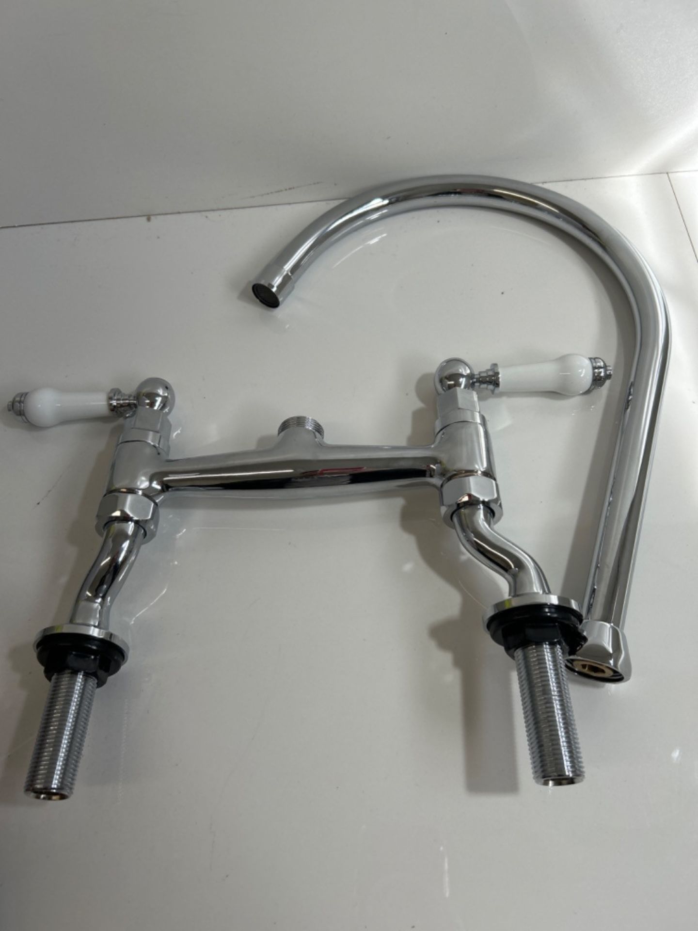 Traditional Kitchen Sink Bridge Mixer Tap Dual Ceramic White Handle Monobloc Tap Swivel Spout Chrom - Image 3 of 3