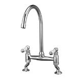 Traditional Kitchen Sink Bridge Mixer Tap Dual Ceramic White Handle Monobloc Tap Swivel Spout Chrom