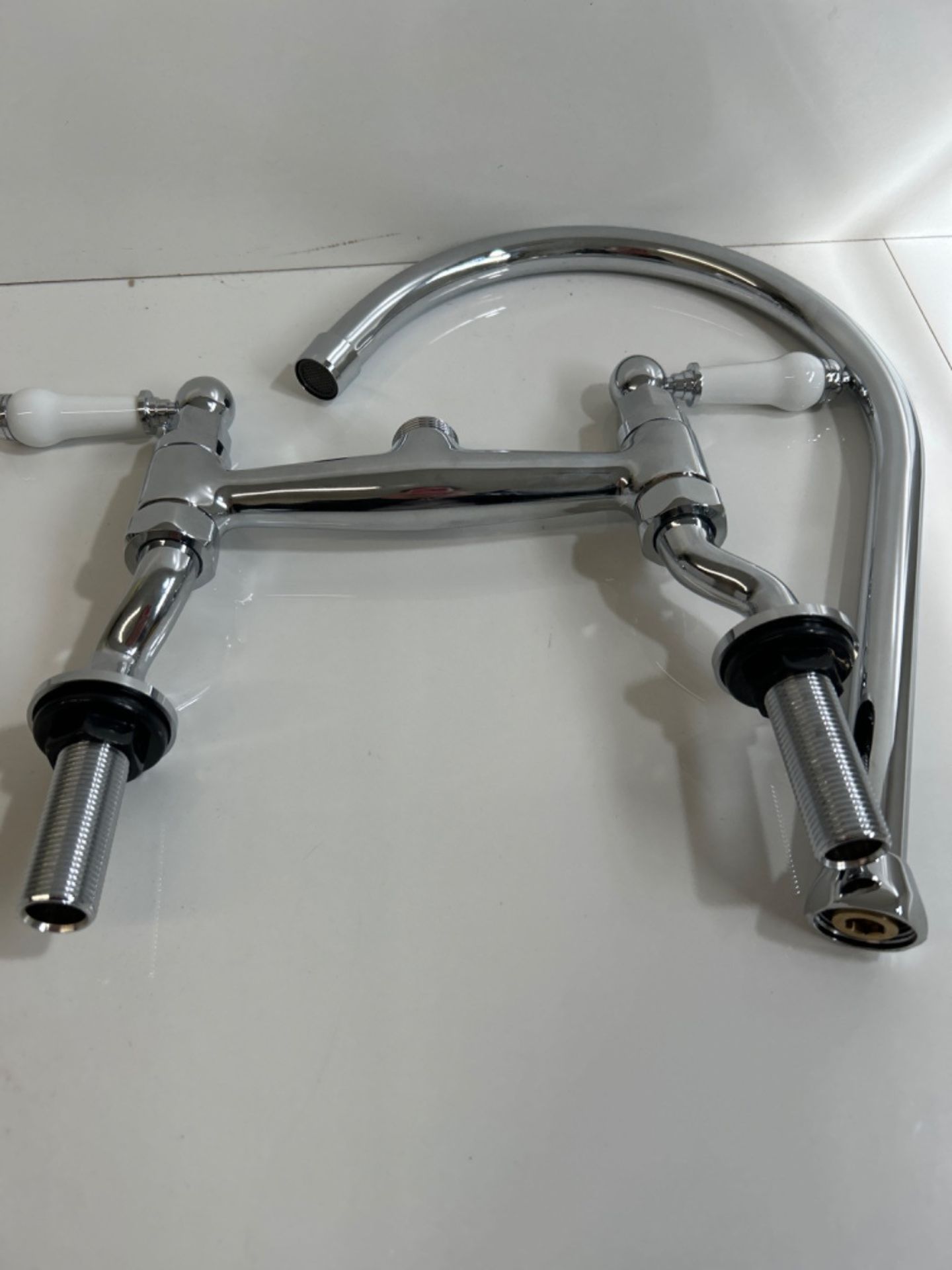 Traditional Kitchen Sink Bridge Mixer Tap Dual Ceramic White Handle Monobloc Tap Swivel Spout Chrom - Image 2 of 3