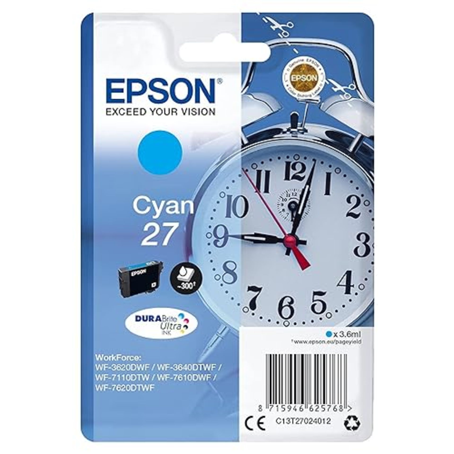 Epson 27 Cyan Alarm Clock Genuine, DuraBrite Ultra Ink Cartridge, Standard Capacity