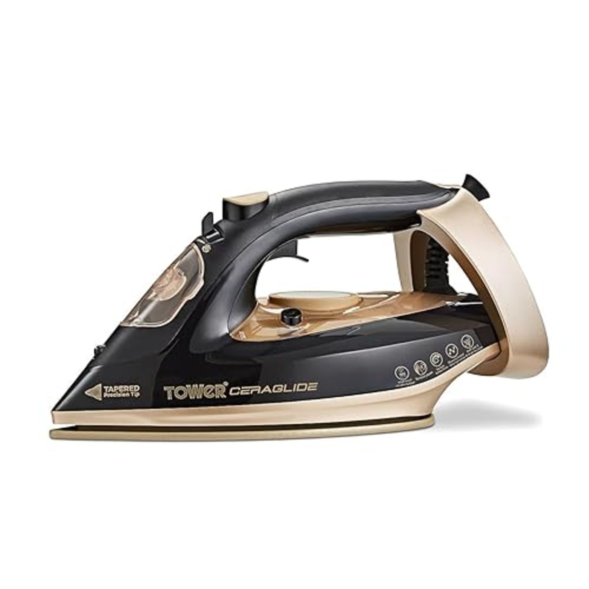 Tower T22021GLD Ceraglide Steam Iron with Fast Heat-Up, Extra Long 3 Metre Power Cord, 3100W, Black