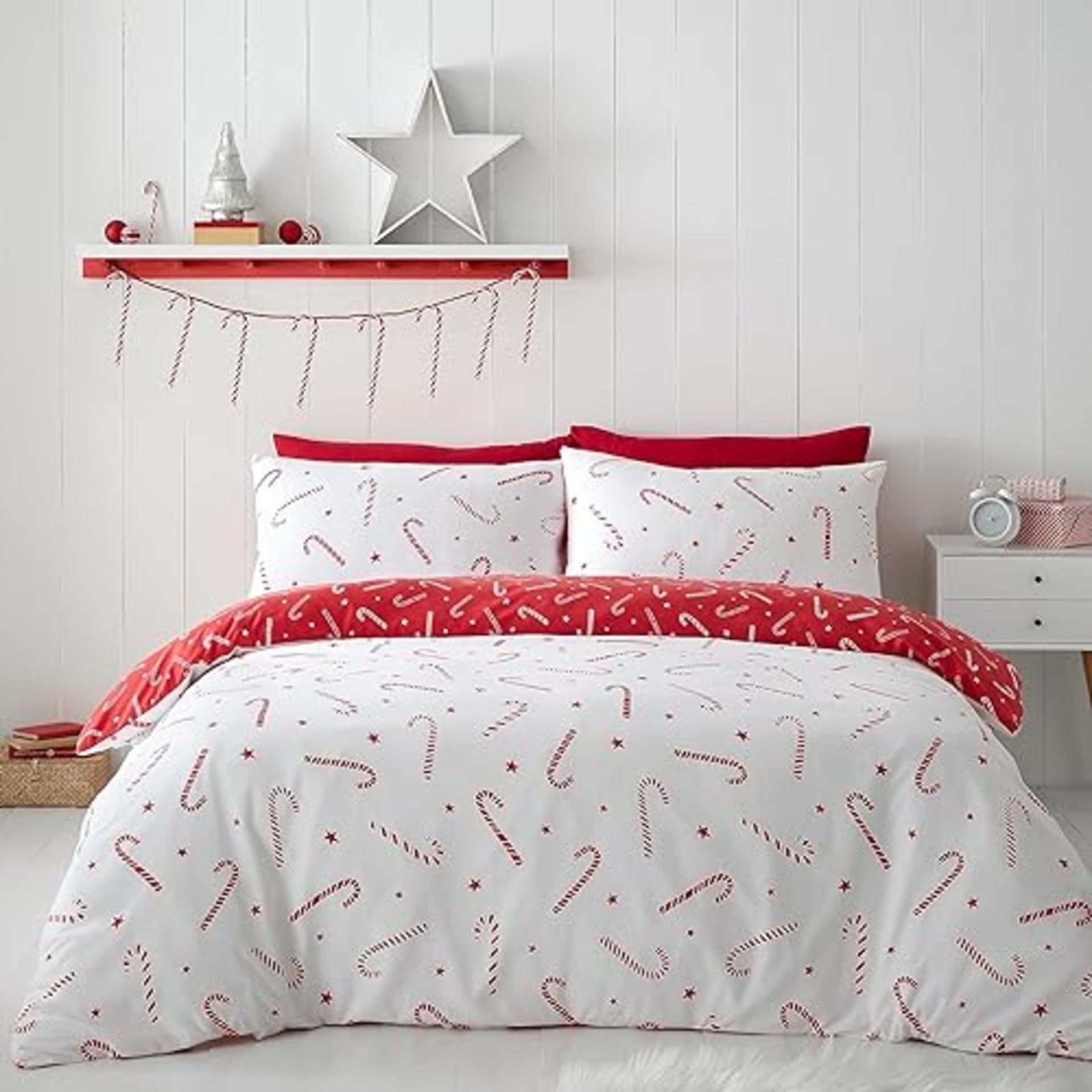 Catherine Lansfield Christmas Candy Cane Reversible Single Duvet Cover Set with Pillowcase Red/Whit