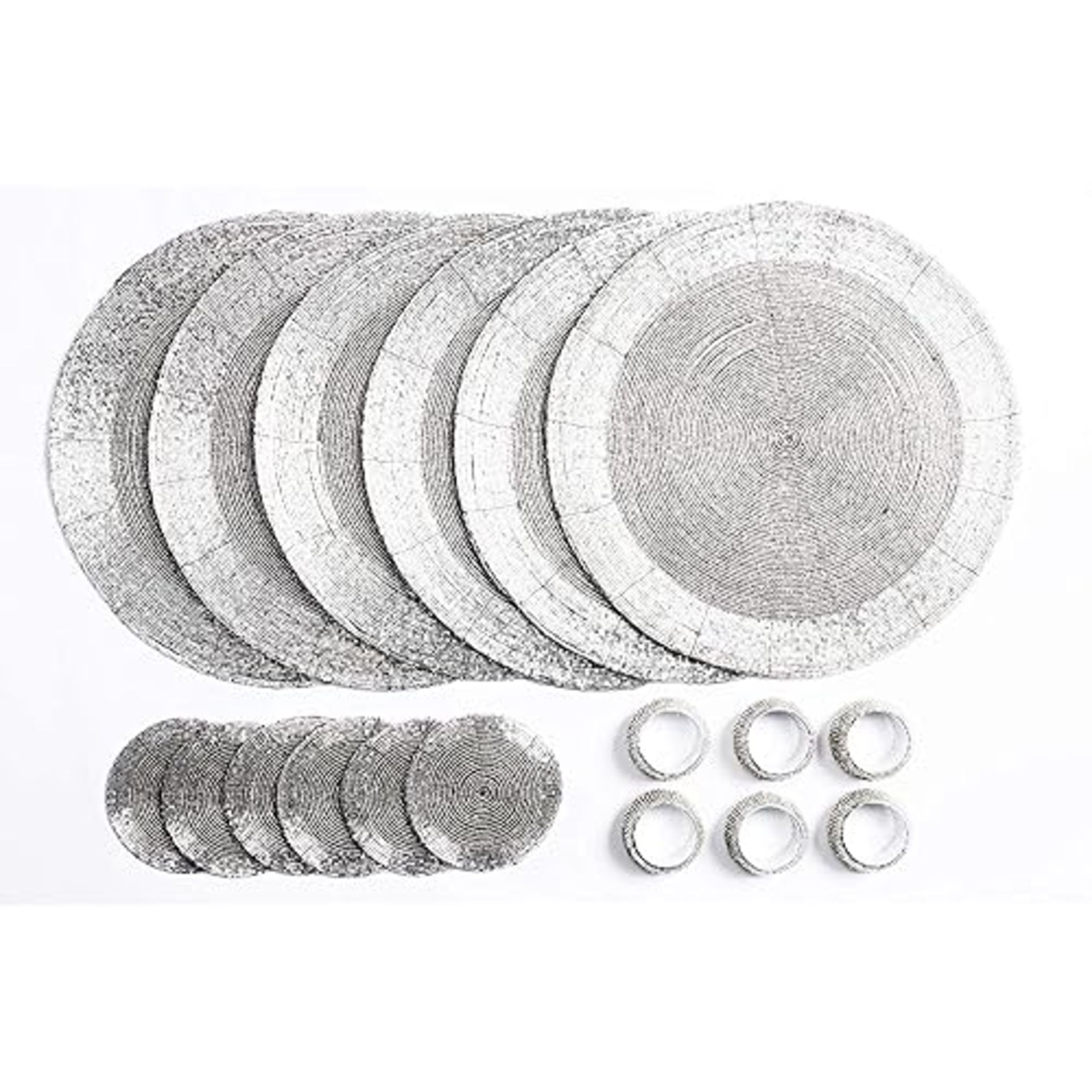 Penguin Home Set of 18 Handcrafted Glass Beaded Placemats, Coasters and Napkin Rings in Silver Colo