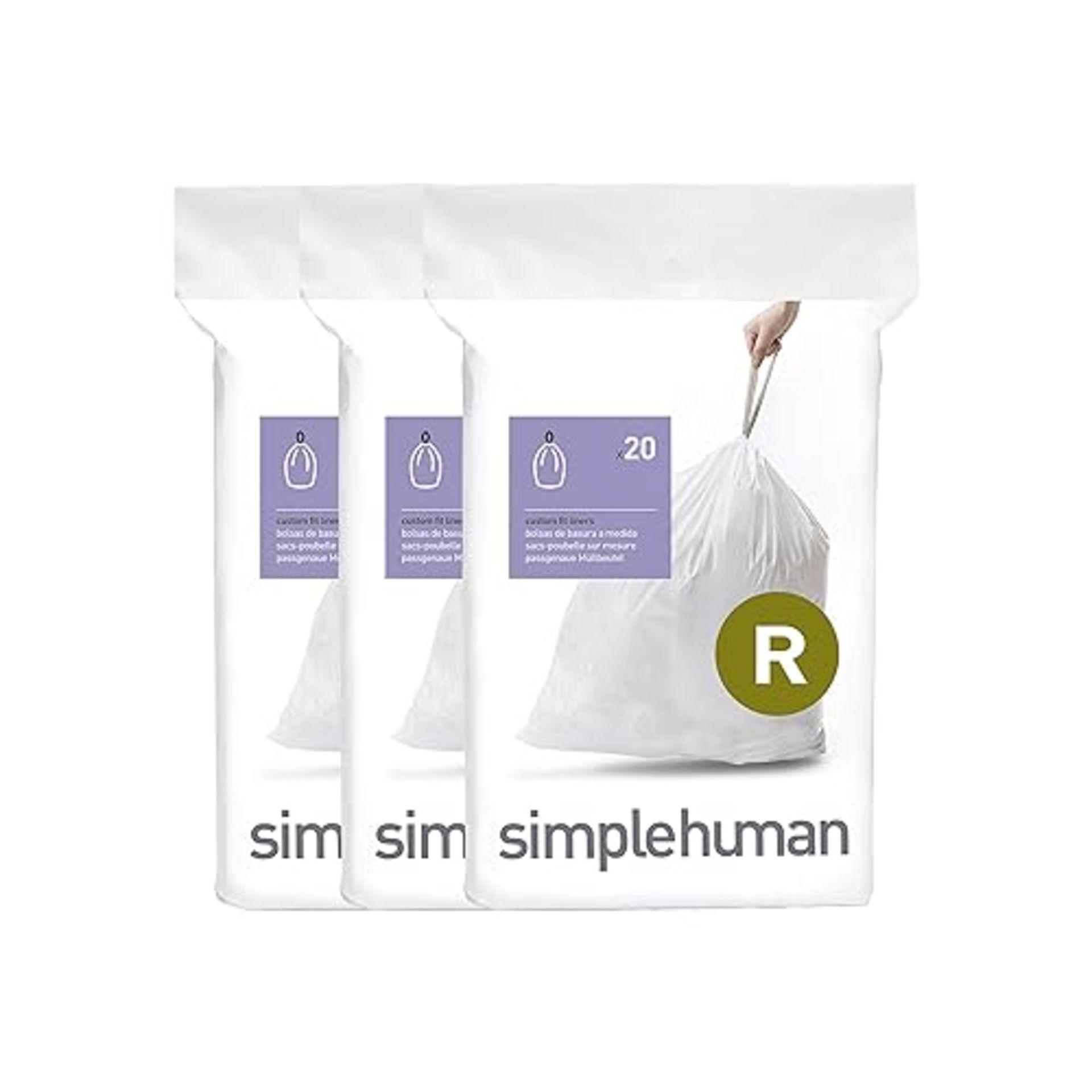 simplehuman CW0253 code R Custom Fit Bin Liner Bulk Pack, White Plastic (3 Pack of 20, Total 60 Lin