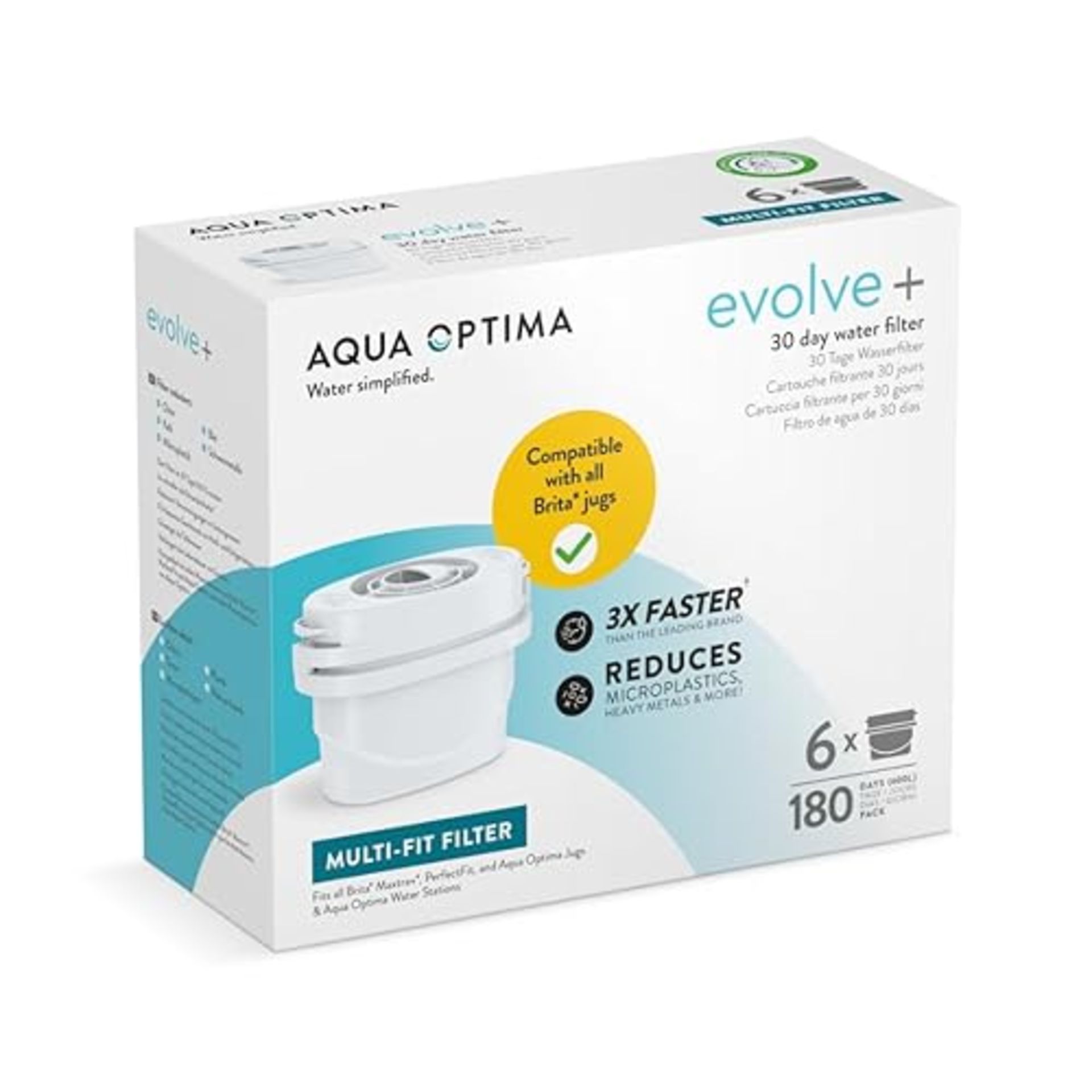 Aqua Optima Water Filter Cartridge, 6 Pack (6 Months Supply), Evolve+, Compatible with Brita Maxtra