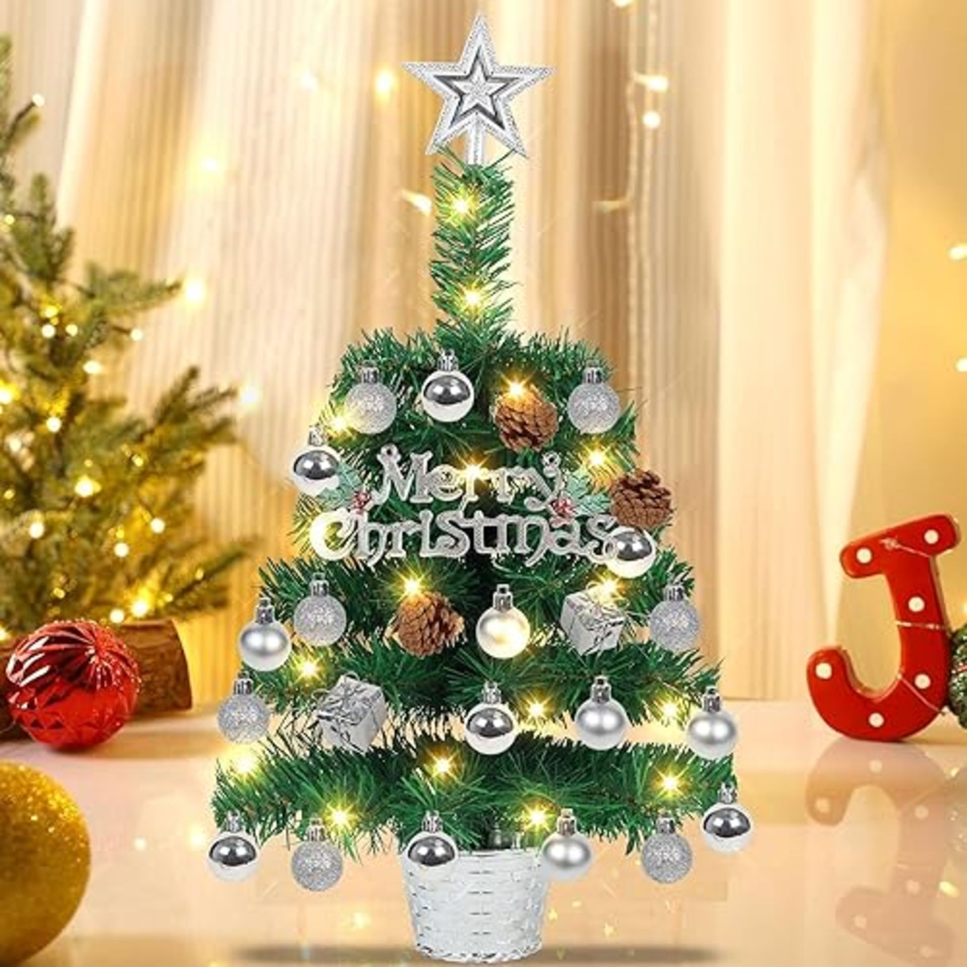 Mini Tabletop Christmas Tree Artificial Small Christmas Pine Tree with Lights Battery Operated, Pre
