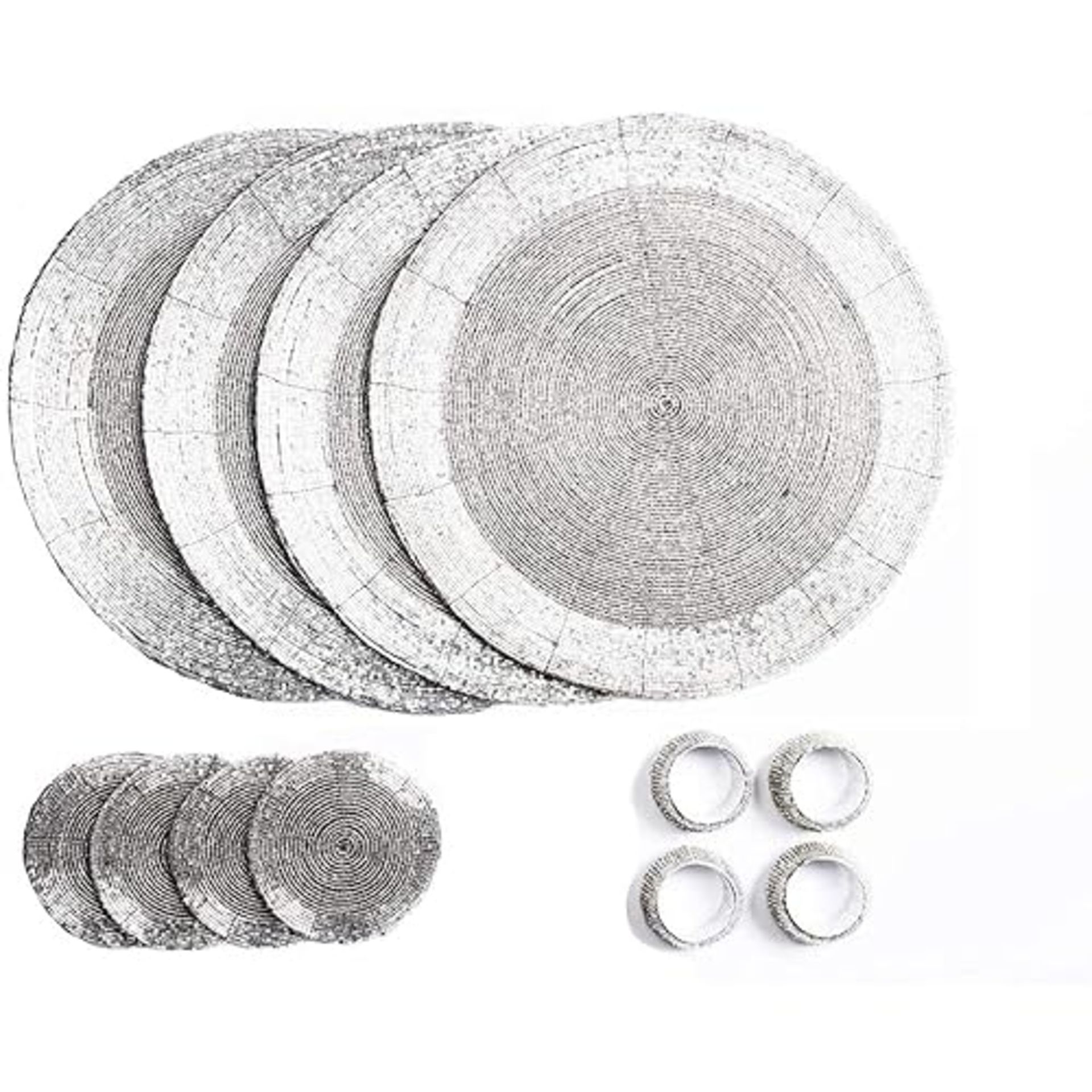 Penguin Home Set Handcrafted Glass Beaded Placemats, Coasters and Napkin Rings in Silver Colour - O