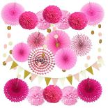 ZERODECO Party Decoration, 21 Pcs Pink and Rose Red Hanging Paper Fans, Pom Poms Flowers, Garlands 