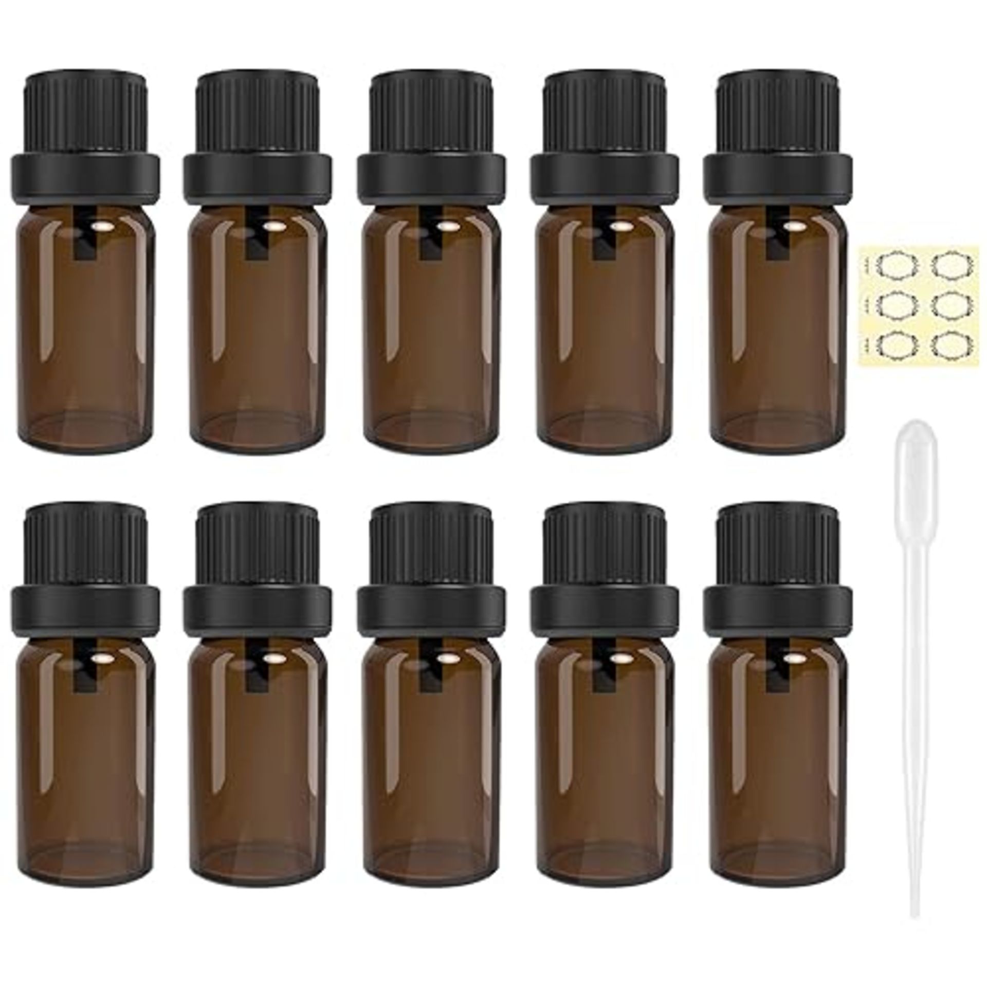 Alledomain 10Pcs, 5ml Essential Oils Amber Glass Bottles with Black Cap & 1 Dropper & 12 Labels Min