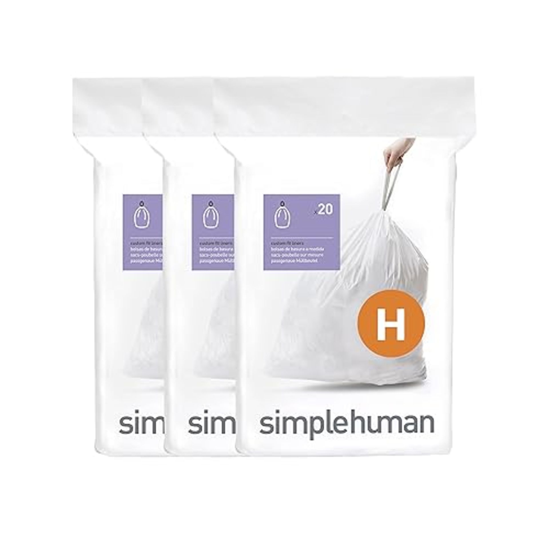 simplehuman CW0258 code H Custom Fit Bin Liner Bulk Pack, White Plastic (3 Pack of 20, Total 60 Lin