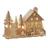 WeRChristmas Pre-Lit Wooden House Snow Reindeer Scene with Tree Window, Warm White LED Lights, 28 c
