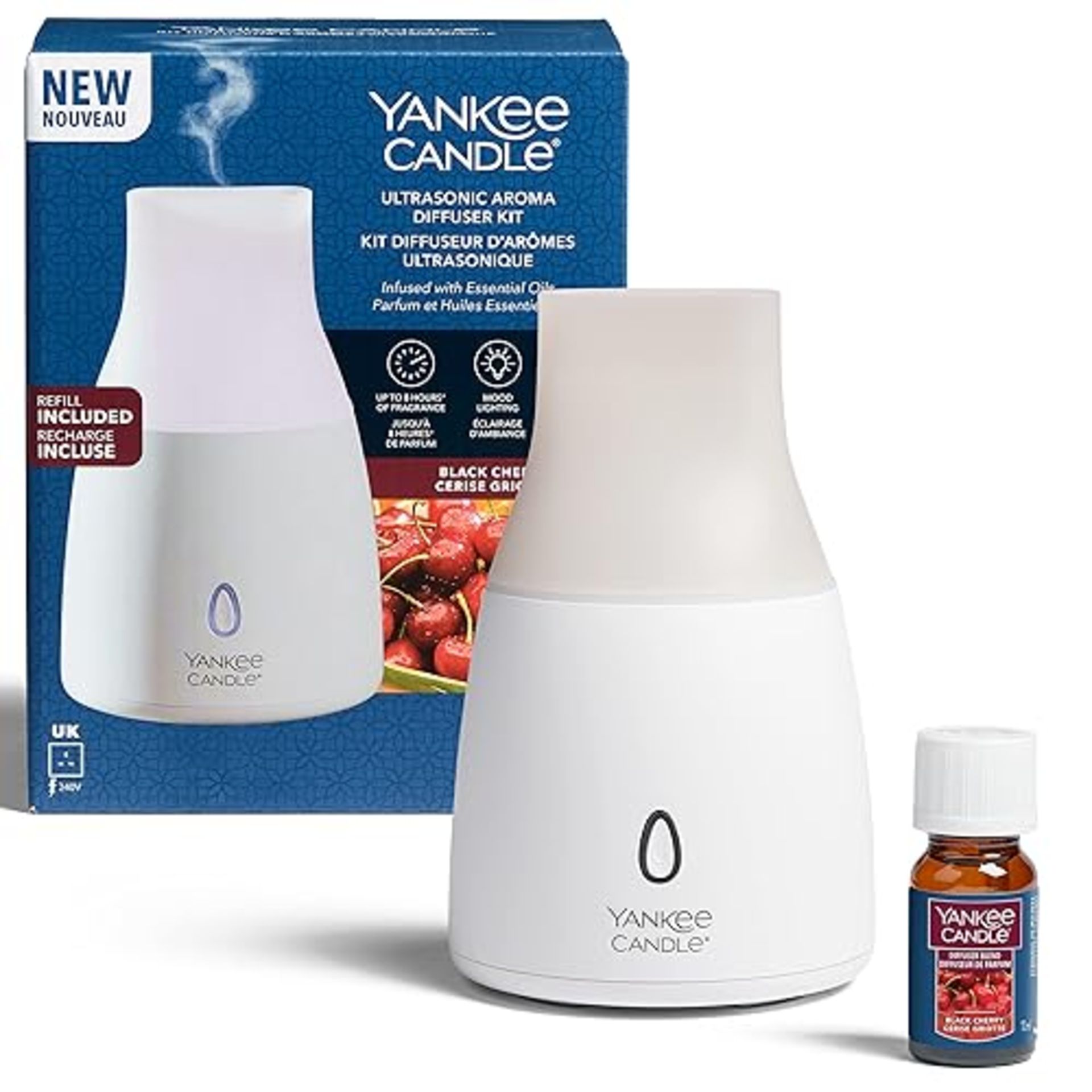 Yankee Candle Ultrasonic Aroma Diffuser Kit | Black Cherry Aroma Diffuser Oil | LED Colour Changing