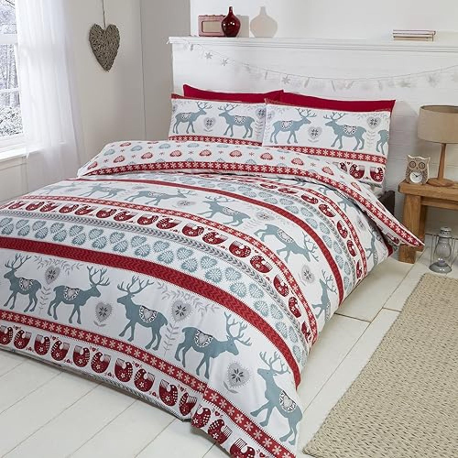 Scandi 100% Brushed Cotton Flannelette Quilt Duvet Cover and 2 Pillowcase Bedding Bed Set, Red/Mult