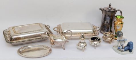 Two electroplated entree dishes, a cruet set, and a Nao figure.