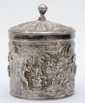 A Dutch silver plated sugar jar, stamped HH 90, with embossed tavern scenes, diameter 8cm.