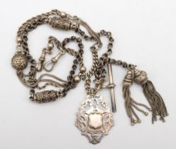 An early 20th century silver albertina pocket watch chain with shield fob, Birmingham 1903, 42gm.