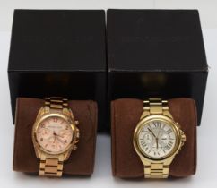 Michael Kors, two boxed stainless steel gold plated quartz chronograph wrist watches, Camille MK-