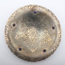 An Italian 800 standard silver dish, bearing control marks, floral engraved with lapis lazuli