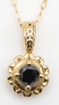 A 9ct gold brilliant cut black diamond pendant, on chain, 16 x 8mm, 1.7gm.